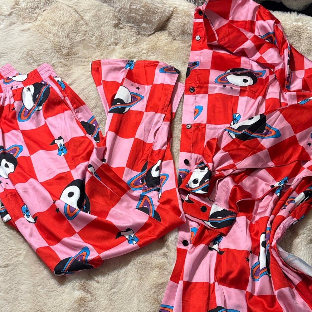 Dressed in LALA Red and Pink Planet Motif Pajama Set
